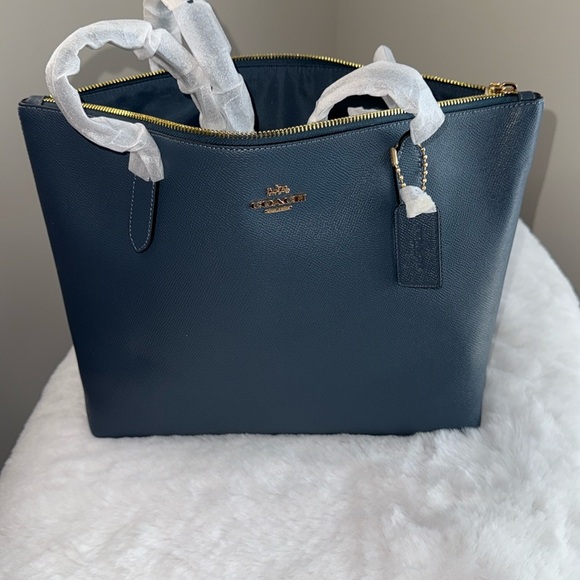 Coach X Grain Zip Top Tote Denim Blue - Picture 1 of 4